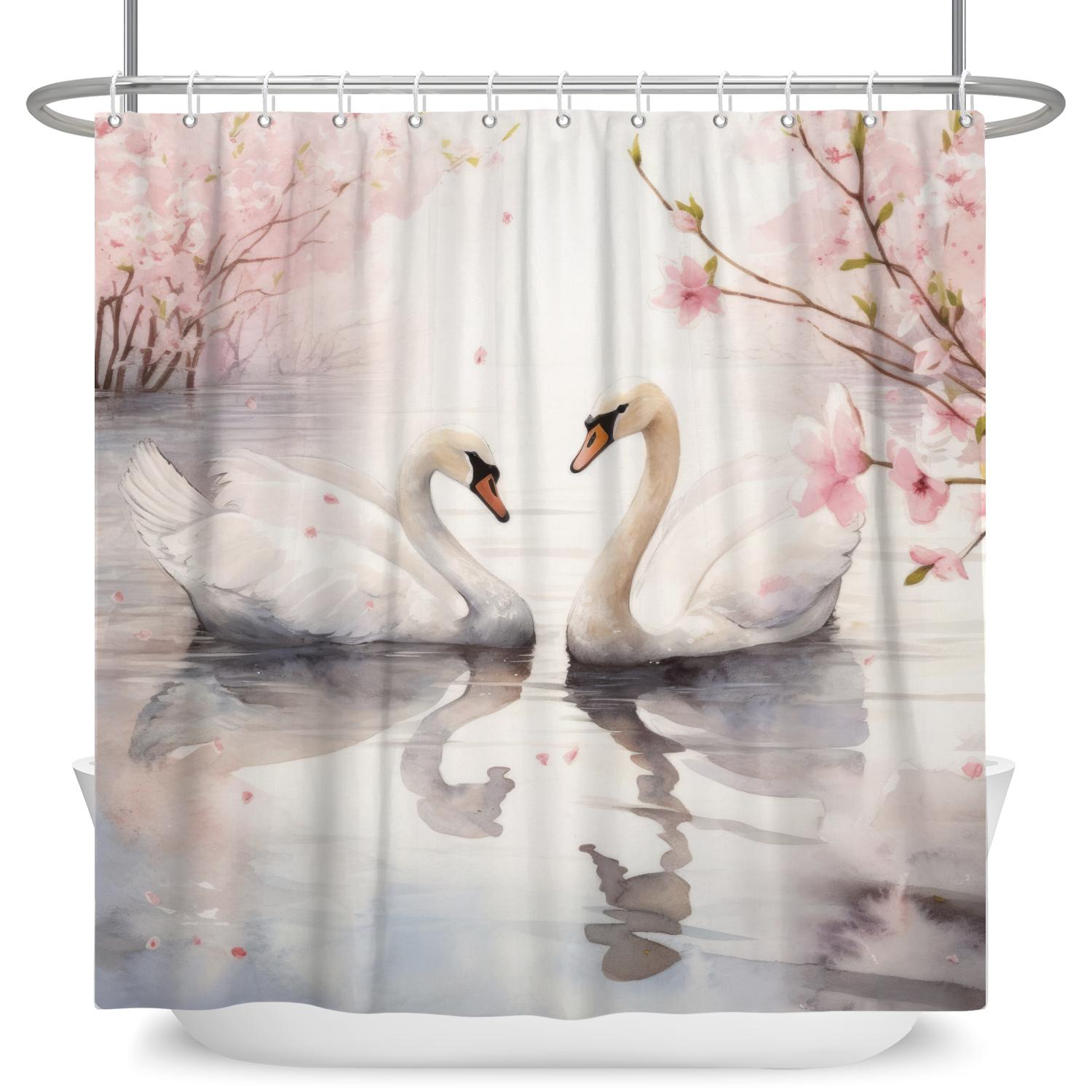 

Elegant Swan Shower Curtain Romantic Love Couple Swan Flowers Lake Tree Scenery Bathroom Decor Waterproof Polyester Bath Screen W60H190(CM)-1 Pcs