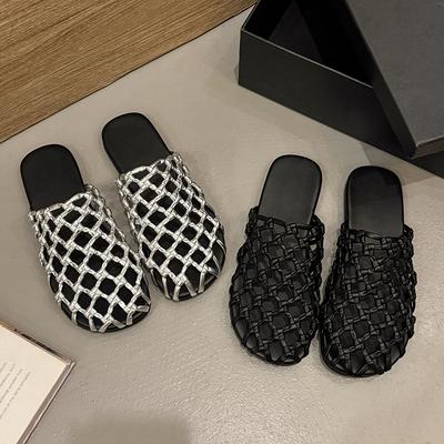 Mode Luxus Handgefertigtes Flechtwerk Mesh Aushöhlen Damen Bequeme Atmungsaktive Runde Zehenpartie Strandschuhe Lässige Flache Hausschuhe