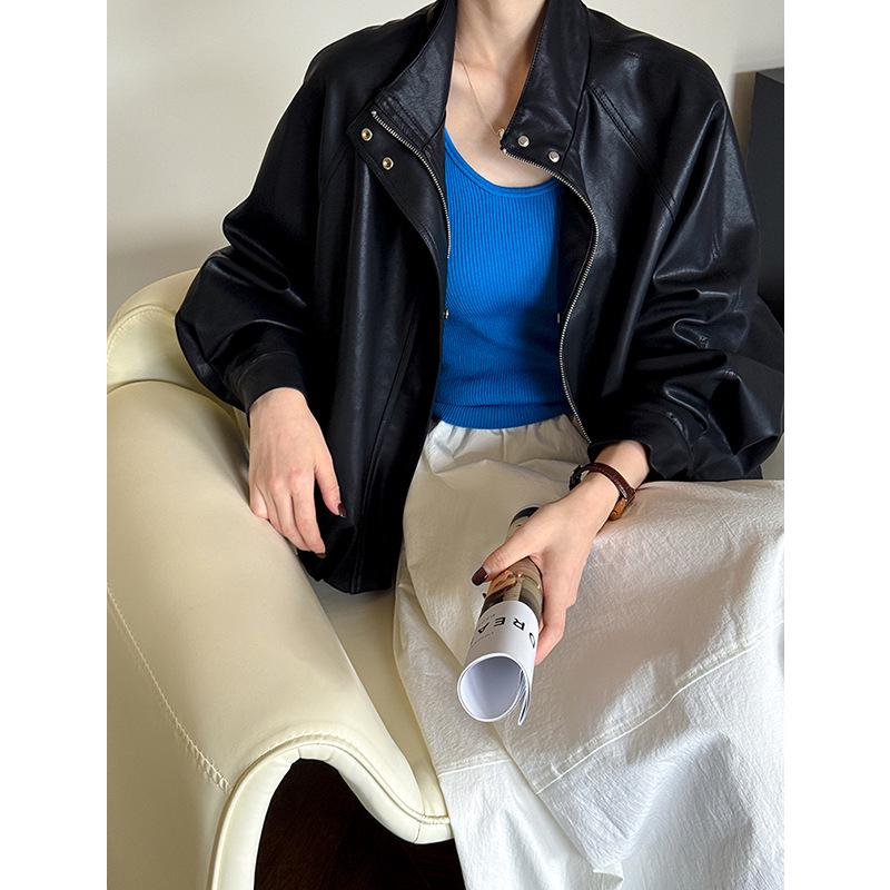 Orange Zhi Early Autumn Stand-Up Collar Leather Motorcycle Jacket 39116