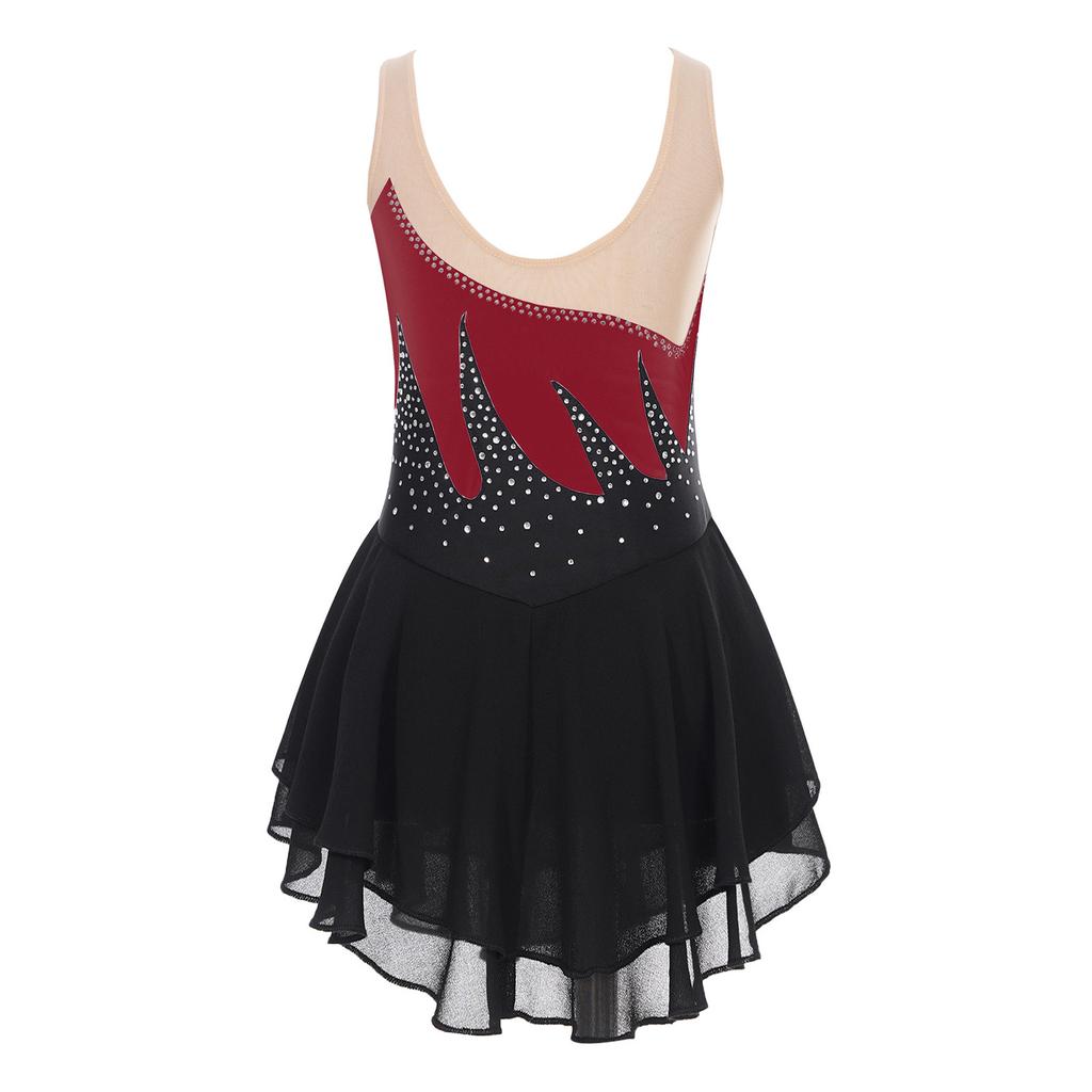 Girls Color Block Sheer Mesh Patchwork Dress Sleeveless Shiny Rhinestone Design Figure Skating Performance Gown