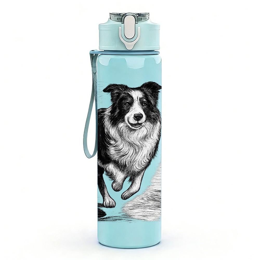 1PC Black White Border Collie Dog Print 750ml Color Plastic Sports Water Bottle Leakproof Flip Straw Lid Suitable for Sports Office Home Use