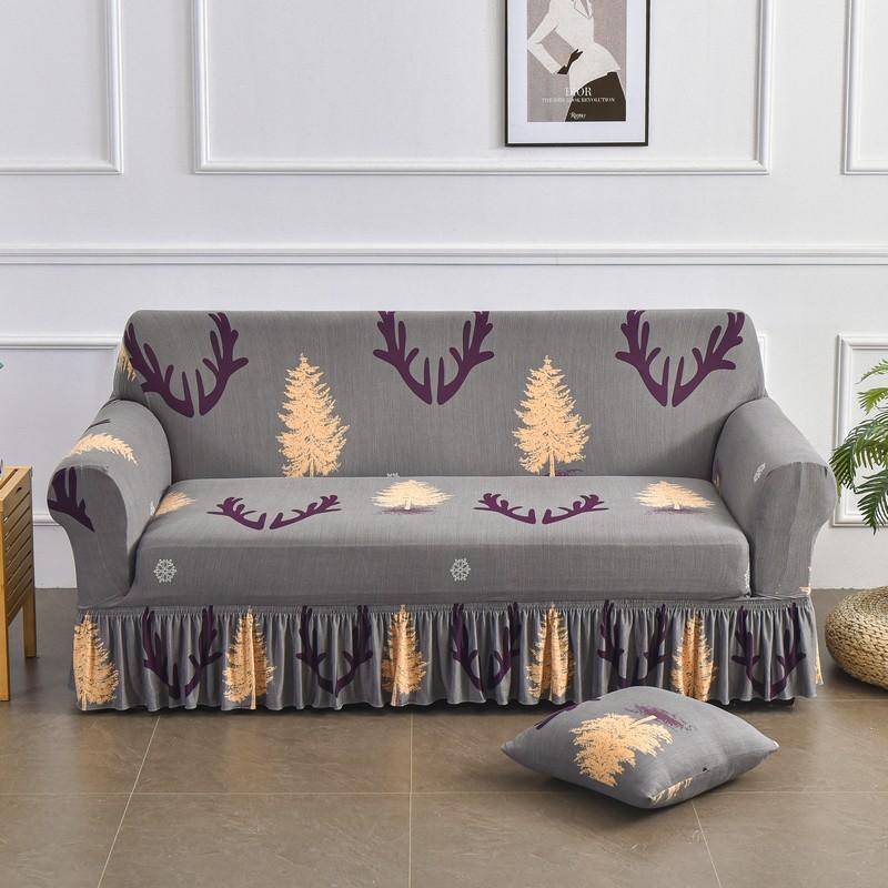 Elastic Stretchable Sofa Cover with Skirt Washable Furniture Protector Printed Slipcovers with Elastic Bottom for Living Room