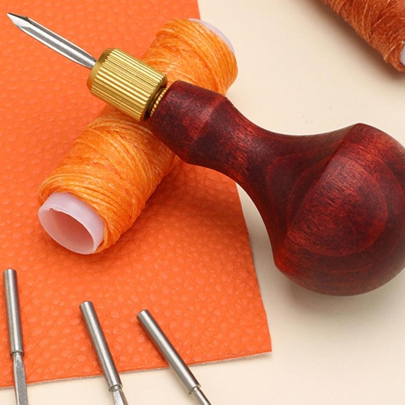 8 In 1 Leather Sewing Awl Wood Handle Leather Stitching Awl Leathercraft Hole Punch Tool for Leather Sewing Stitching