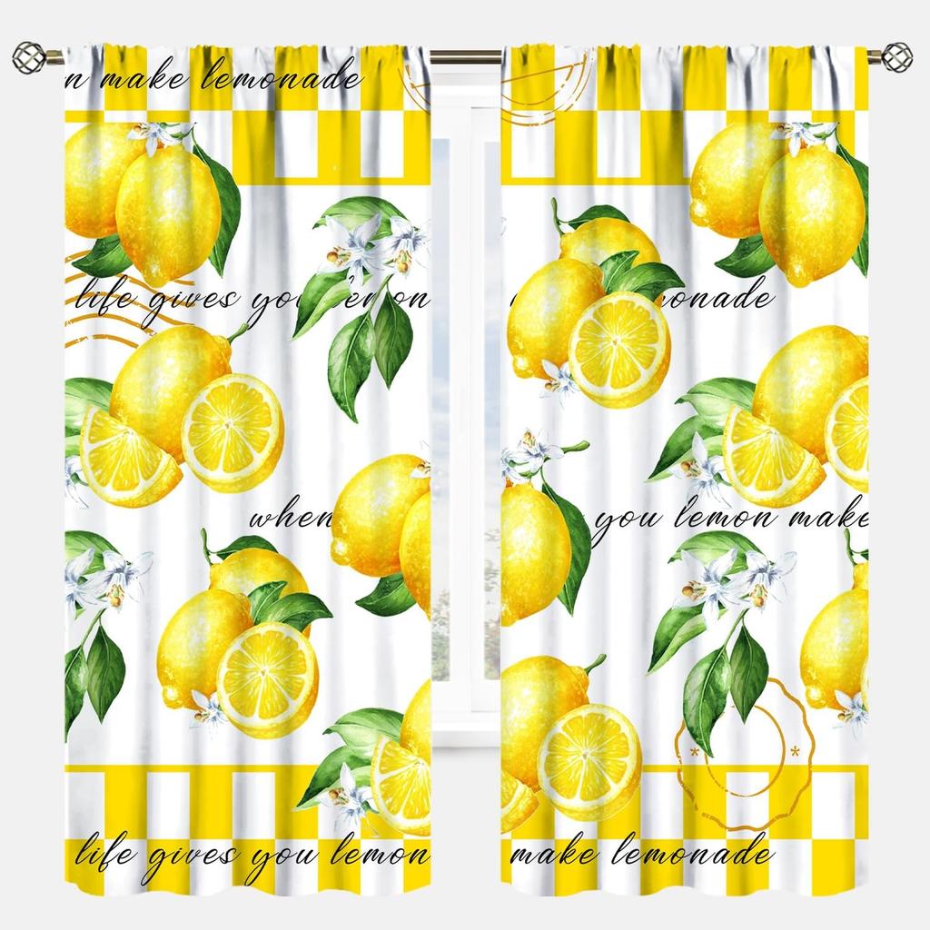 YCness Vintage Lemon Kitchen Curtains, Watercolor Floral Fruit Colorful Spring Nature Yellow Plants Retro Window Treatments for