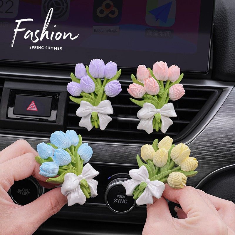 Tulip Car Perfume Aroma Diffuser Flower Long-Lasting Light Fragrance Car Diffuser Stone Fragrance Clip Car Decoration for Girls