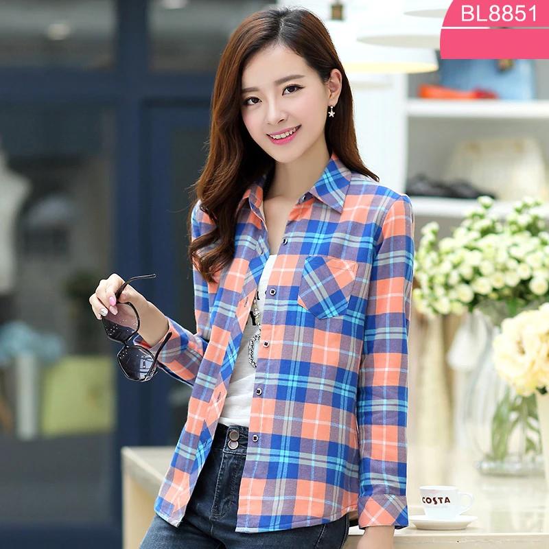 100% Cotton Women's Blouse Plaid Shirts Women's Long Sleeve Top S-5XL,Single Breaste Button Women's Shirt With Chest Pockets