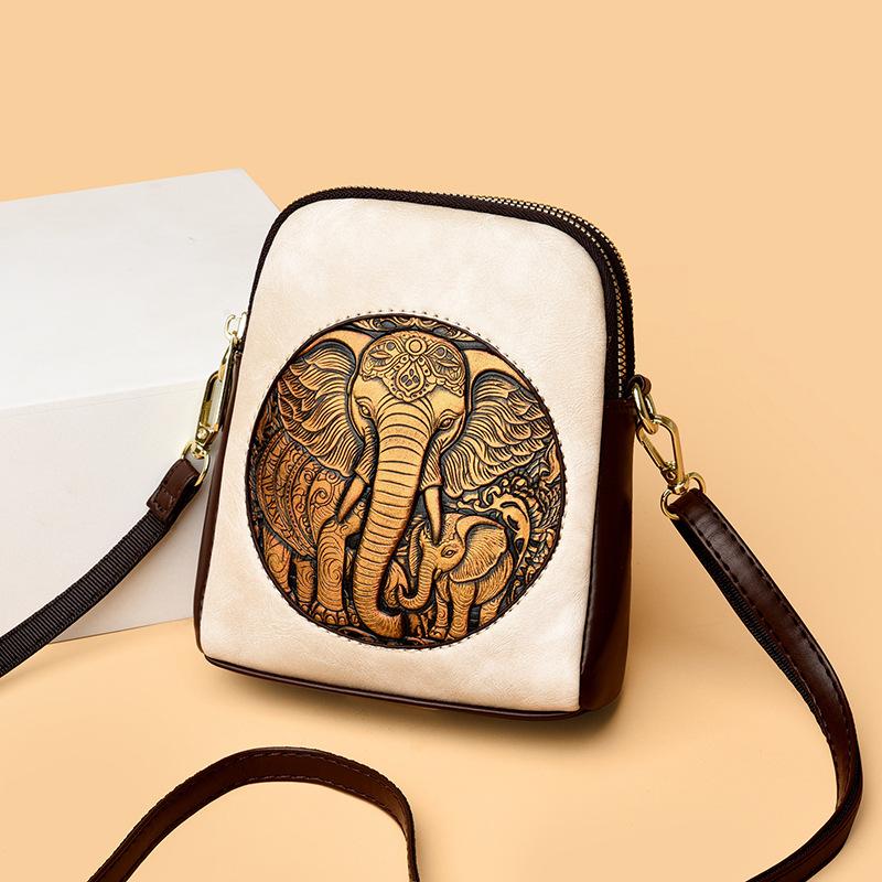 Women's Embossed Elephant Design Crossbody Bag Vintage Leather Shoulder Bag for Daily Use