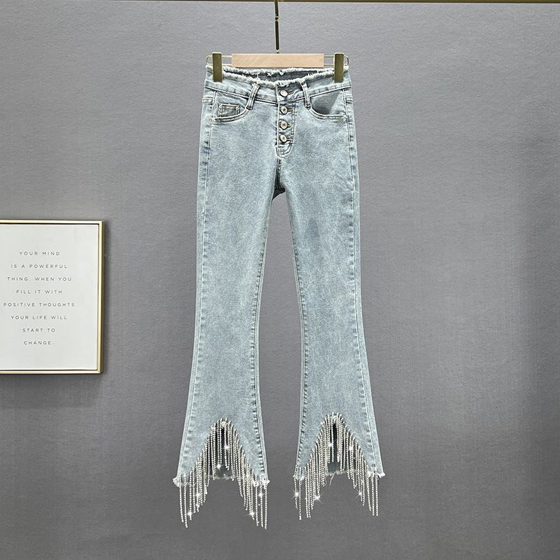 

Tassel High Waist Silm Slim Looking Diamond Nine Points Denim Light blue S