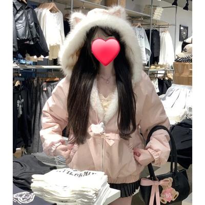 Kawaii Y2K Jacket Winter Fur Collar Sweet Hooded Women Thick Jacket Casual Tops Zipper Loose Hooded Coat Clothes