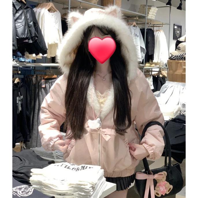 Kawaii Y2K Jacket Winter Fur Collar Sweet Hooded Women Thick Jacket Casual Tops Zipper Loose Hooded Coat Clothes
