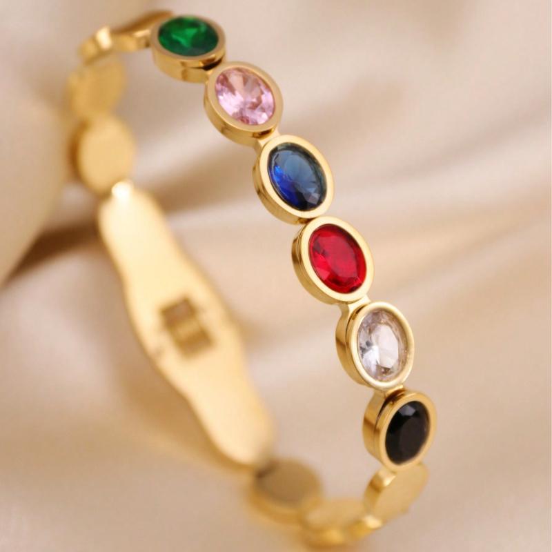 1pc Fashionable Casual Colored Gemstone Stainless Steel Bracelet for Women, Romantic Holiday/Anniversary Gift, Suitable for Daily Wear