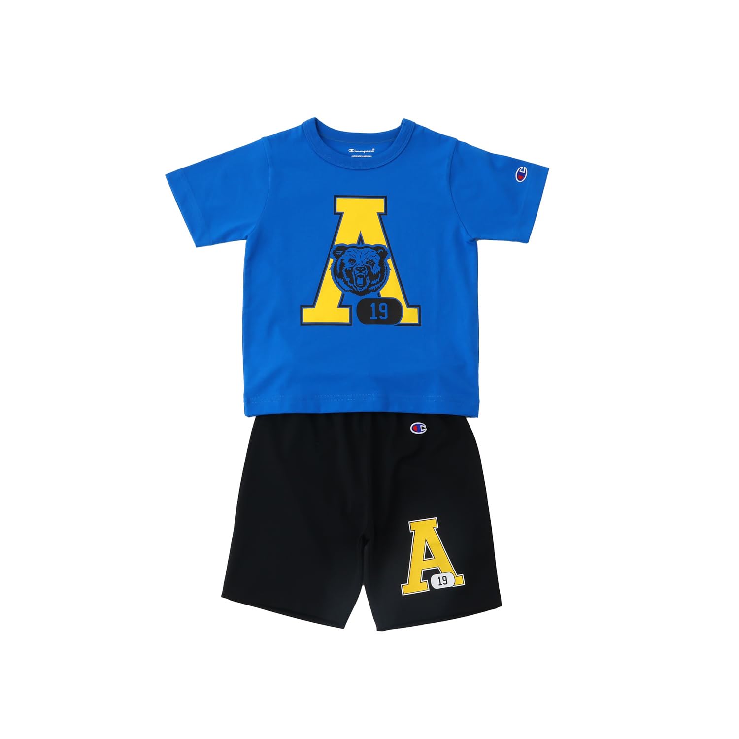 

top and bottom short round graphic logo Blue 130 [Champion] T-shirt, shorts, kids, set, sleeve, neck, print, T-shirt set, CKSXW07Z, синій