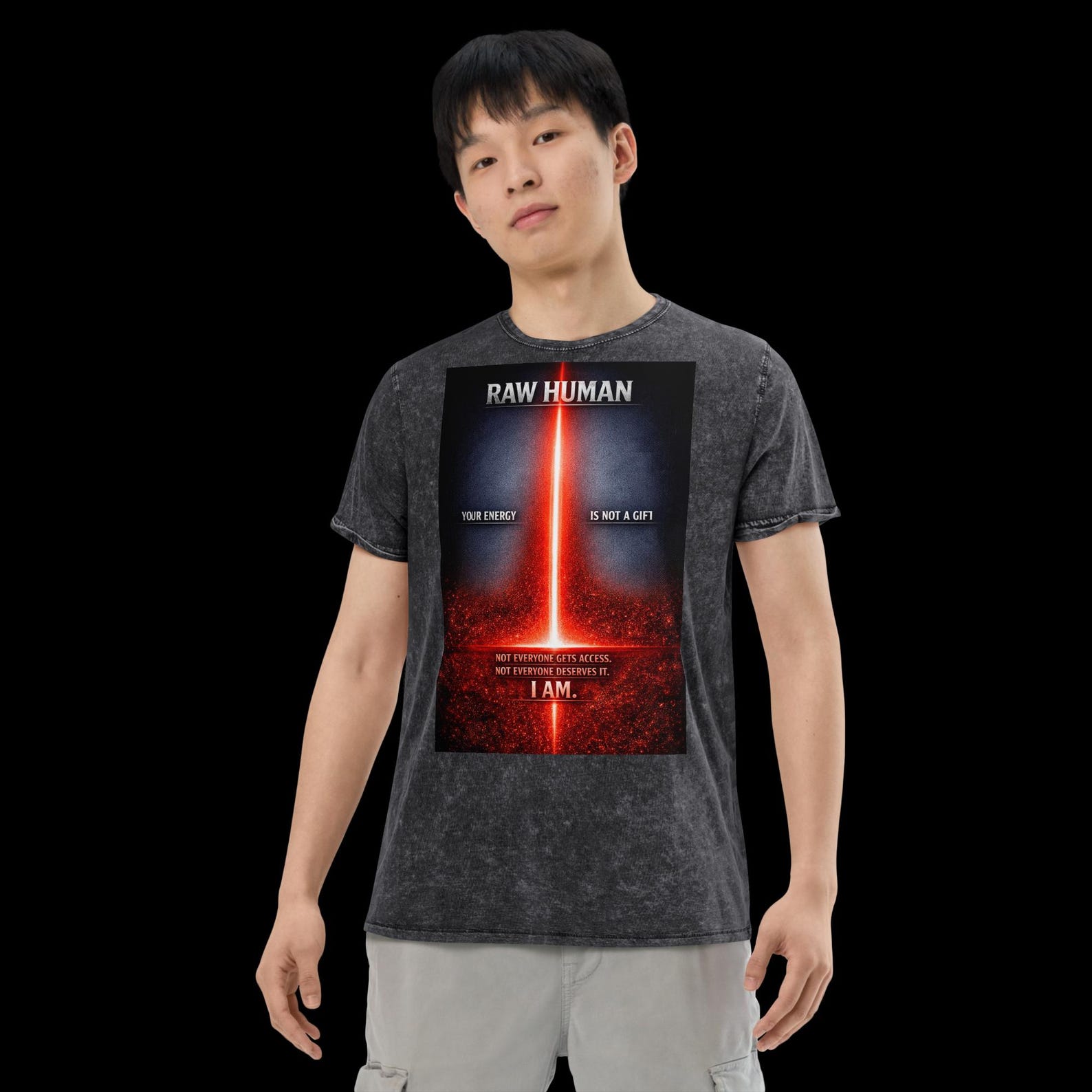RAW HUMAN — Energy IS Not A Gift Shirt, Spiritual Sovereignty Tee, Unisex Denim T-Shirt, Boundary Setting Graphic, Minimalist Power Message S