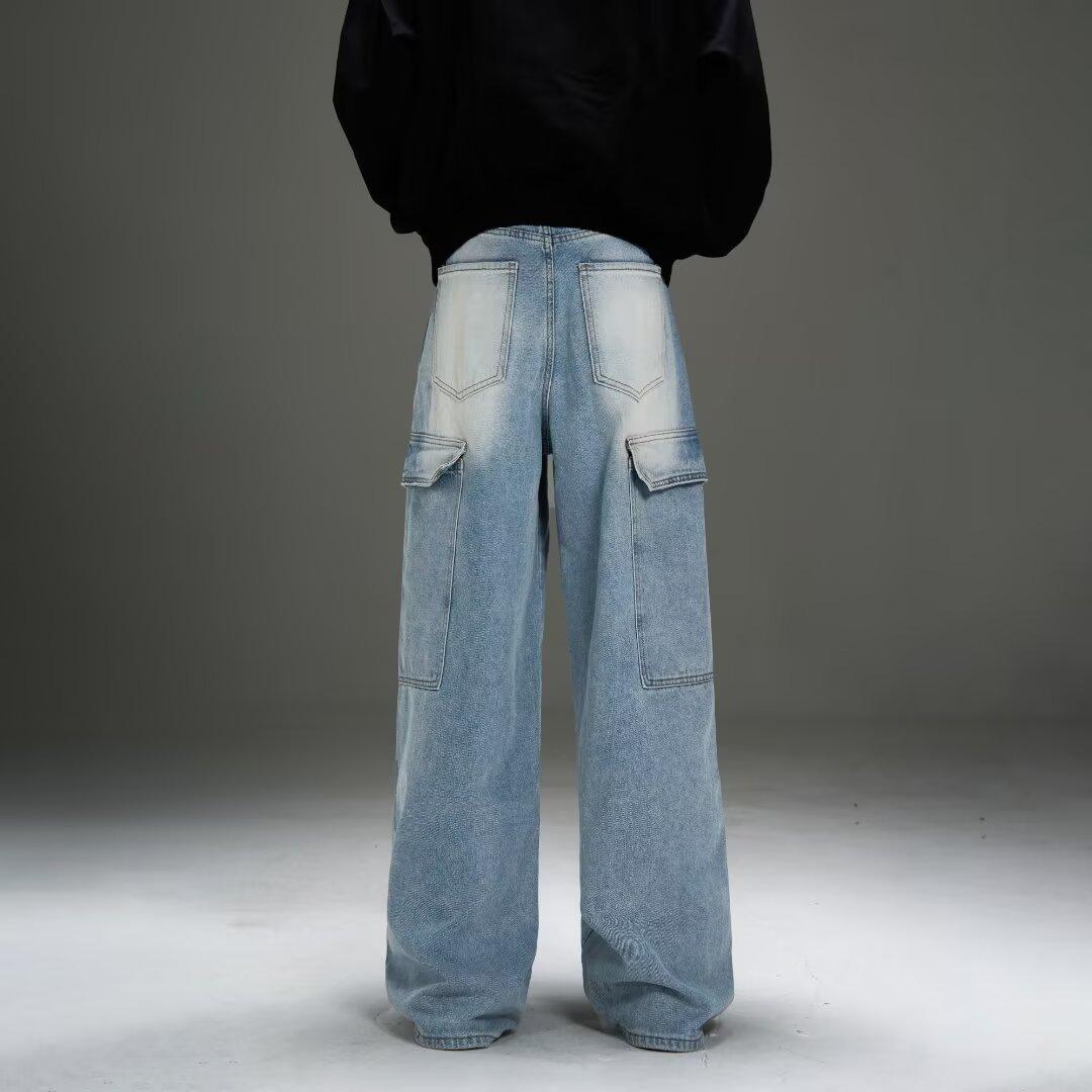 

Американские джинсы High Street мужские осенние трендовые брендовые свободные широкие прямые брюки с микроклешем 3XL светло-синий