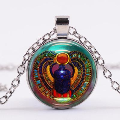 Ancient Egyptian Scarab Beetle Pendant Necklace Vintage Art Pattern Glass Cabochon Necklace for Women Jewelry