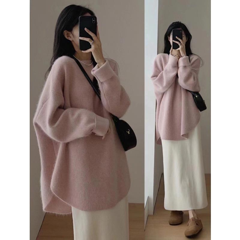 Autumn and Winter Pullover Women Medium and Long Sweater Fashion Loose Office Knitted Bottoming Shirt Solid Color O Neck Long Sleeve Casual Simple Top