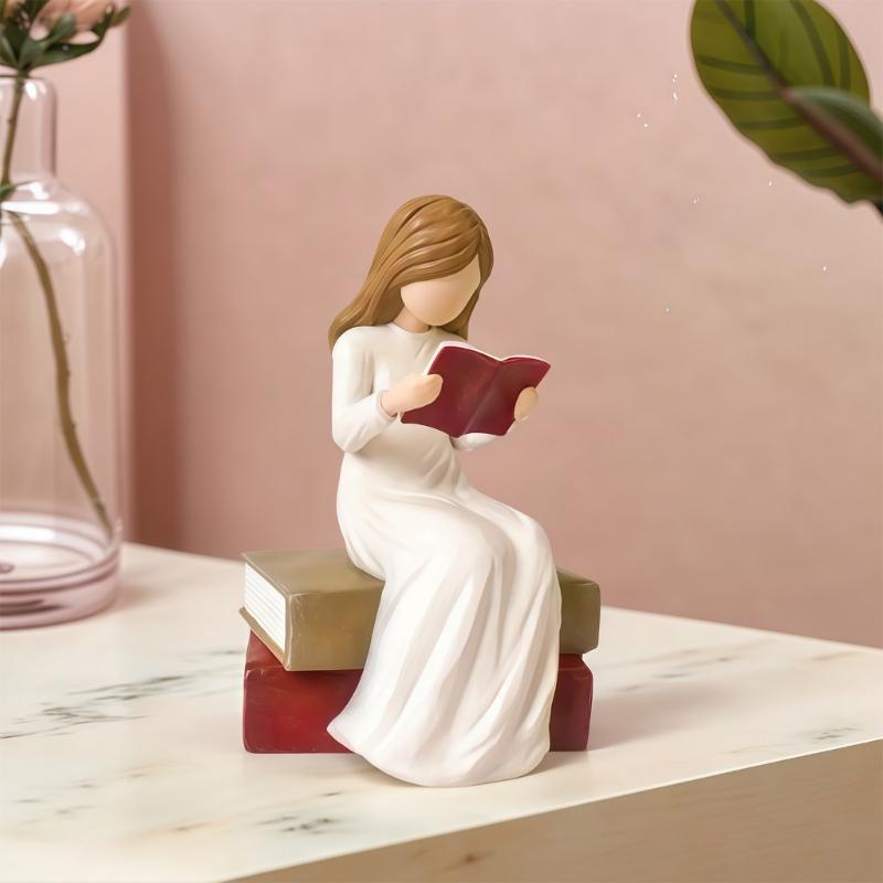 Reading Thinker Statue Reading Girls Figurines Sculpture Ornament for Home Office Bookshelf Decors Book Lover Gift