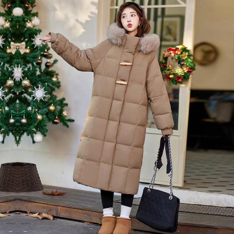 Winter New Small Down Jacket Women s Medium and Long Over-knee Fox Big Fur Collar Fashionable Thickened Coat L верблюд