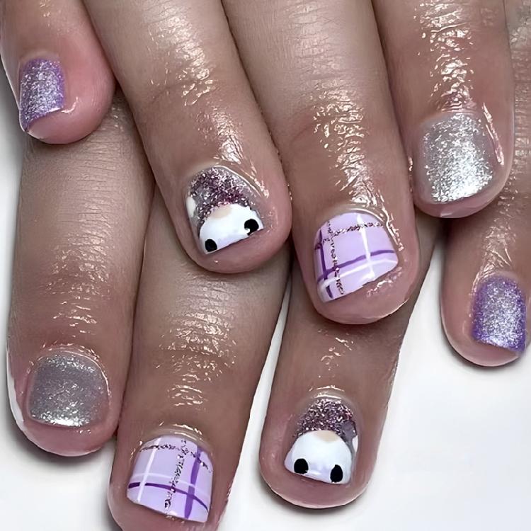 

24 Pcs Purple Snowman False Nail Christmas Full Cover Stick on Nail Short Square Press On Nail Manicures Supplies 1