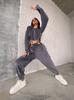 Casual European and American Women's Fashion Hooded Suit Solid Color Long-sleeved Zipper Waist Cardigan Lace-up Pants Two-piece Set
