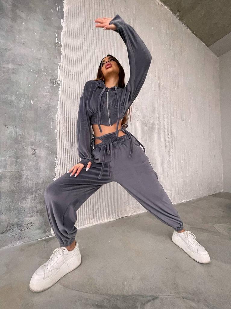 Casual European and American Women's Fashion Hooded Suit Solid Color Long-sleeved Zipper Waist Cardigan Lace-up Pants Two-piece Set
