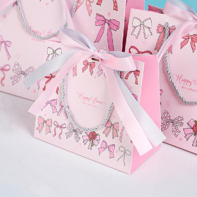 3pcs/pack Gift Paper Bags Pink Blue Bow Ribbon Handle Kraft Paper Party Present Packaging Bags for Birthday Wedding Baby Shower