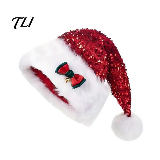 Universal Fit Santa Claus Hat Christmas Sparkly Sequins for Adults, Velvet Plush Glitter Bling Skin Friendly Seasonal with Fluffy Pompom Xmas New Year