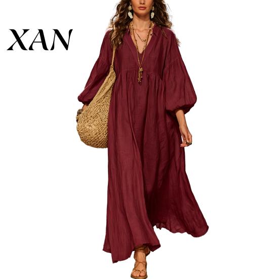 Party Dress Casual Women's Deep V Neck Maxi Dress, Puff 3/4 Sleeve Soft Fabric A-Line Flowy Loose Boho Beach Sundress Mid-length