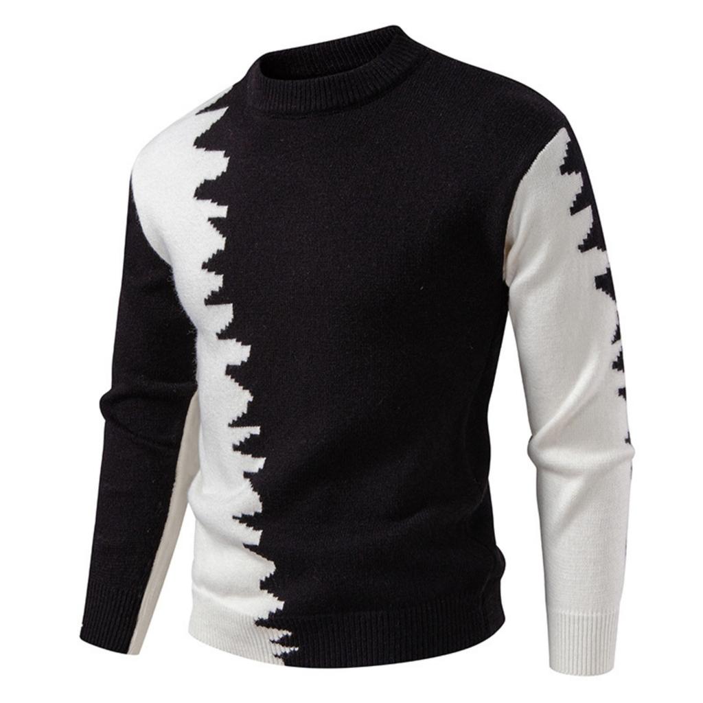 Men's Casual And Trendy Color-blocked Warm Sweater, Fashionable Pullover, With A Round-neck Knitted Sweater Inside