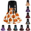 Womens Casual Vintage V Neck Dress Halloween Print Long Sleeve Fit Flare Dress with Bow Waistband Retro Style