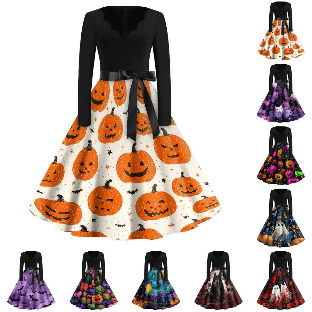 Womens Casual Vintage V Neck Dress Halloween Print Long Sleeve Fit Flare Dress with Bow Waistband Retro Style