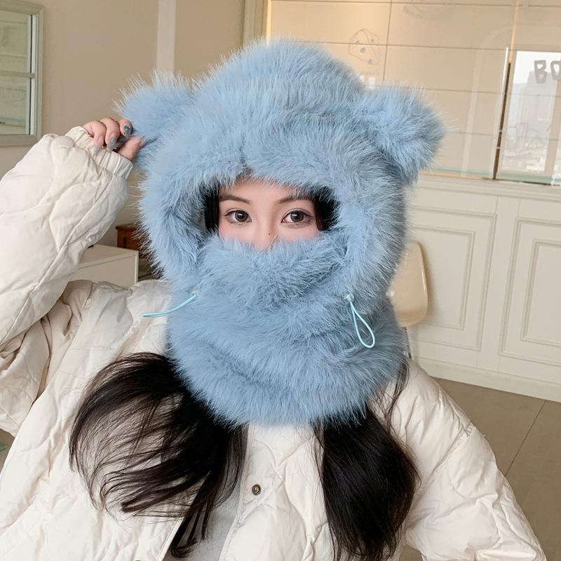 

Korean version of winter hat, scarf and integrated hat, women s plush thickened warm Lei Feng hat, bear ear protection, versatile baotou hat One size fits all синій