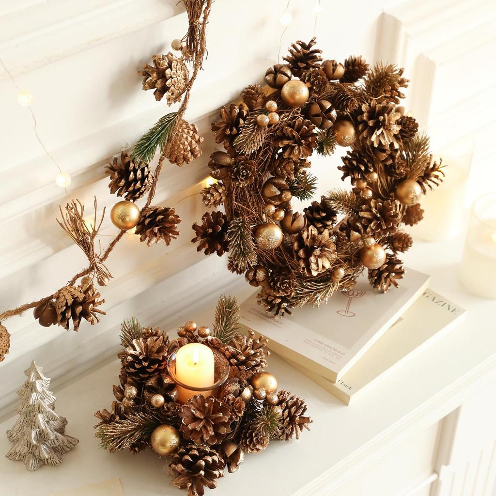 Set Candeliere Ghirlanda di Natale in Pigne Vintage e Polvere d'Oro