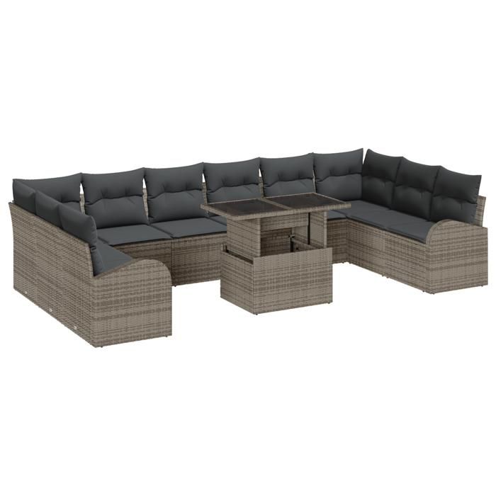 Ensemble de Canapés 11 Pièces avec Coussins Gris en Poly Rattan, Canapé de Jardin 2 Places avec Rangement &amp; Coussins Gris en 3357452