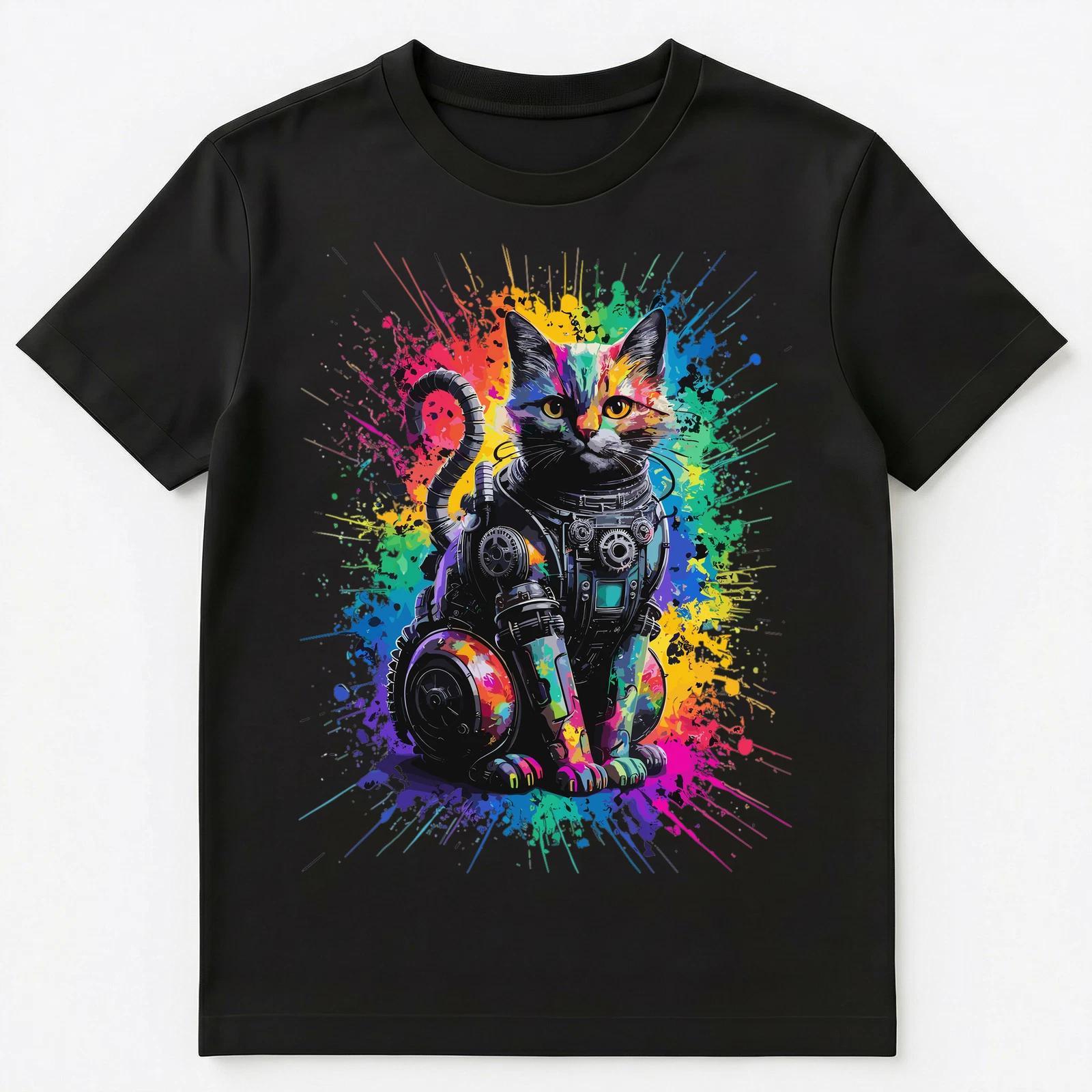 Colorful Paint Splash Robotic Steampunk Cat Art Graphic Unisex T-Shirt 4XL