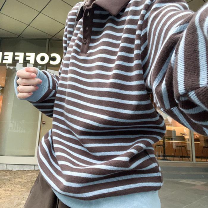

Lapel striped sweater women s autumn and winter new retro Maillard style versatile contrasting colors loose casual One size fits all
