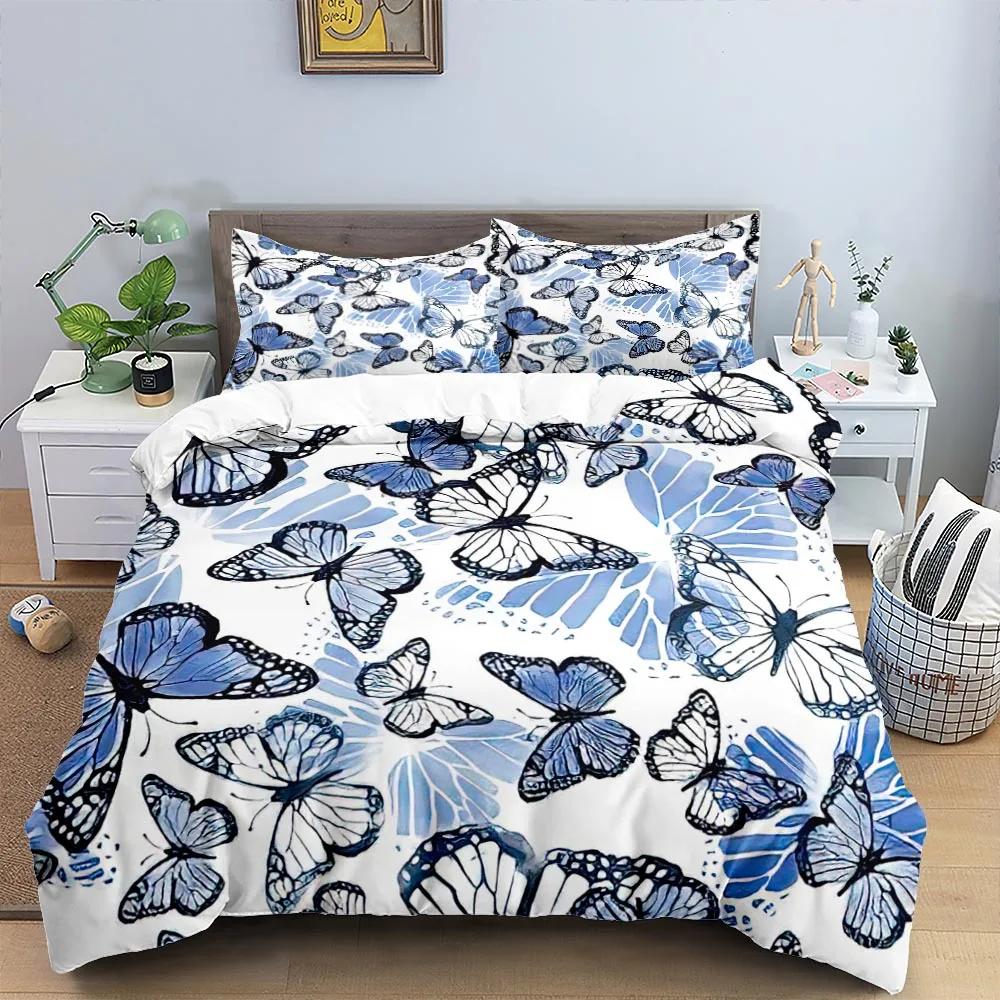 Butterfly Bedding Set 3D Flower Duvet Cover Quilt Cover with Zipper Queen Double Polyester Comforter Set Kid Girl Christmas Gift