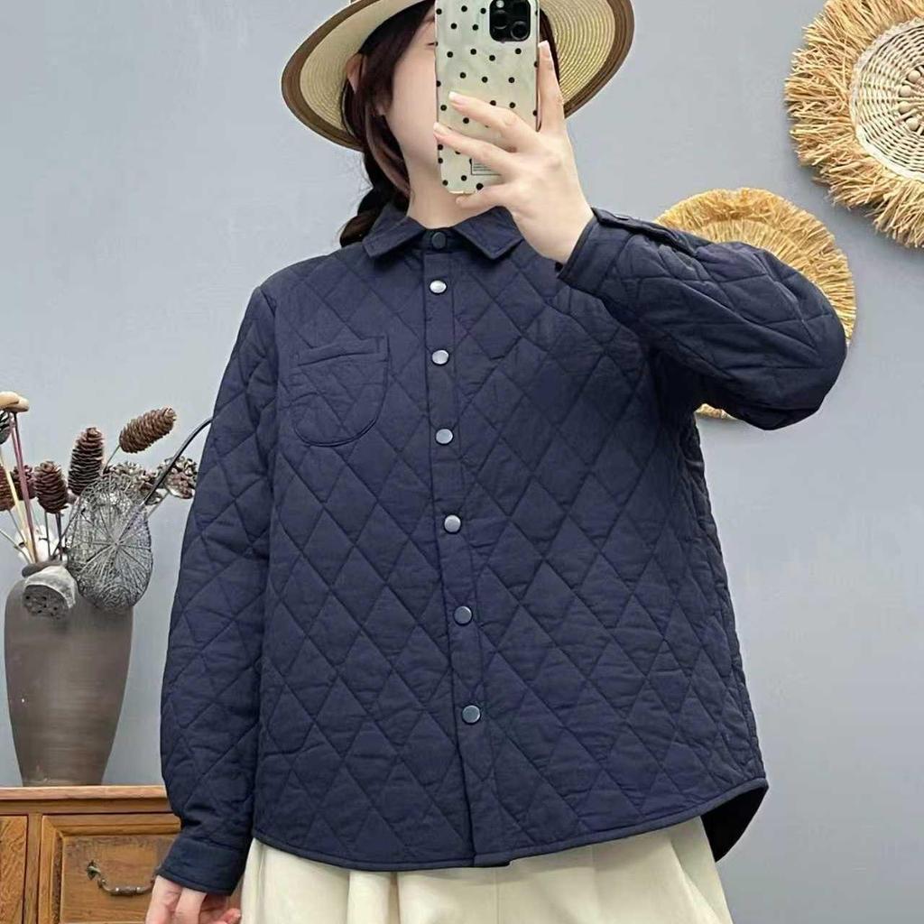 Women's Loose Fit Plaid Padded Cotton Jacket - Winter Diamond Pattern