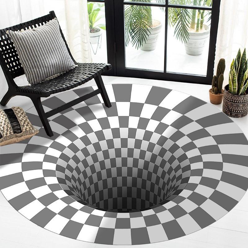 Black And White Stereo Vision Round Carpet Living Room Bedroom Coffee Table Floor Mat 3D Illusion Trap