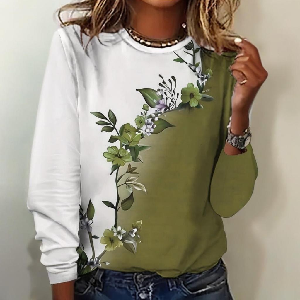 Женская футболка с длинным рукавом с узором, осенняя, с круглым вырезом, удобная, приталенного кроя, красивая блузка, градиентный стиль, женский стиль