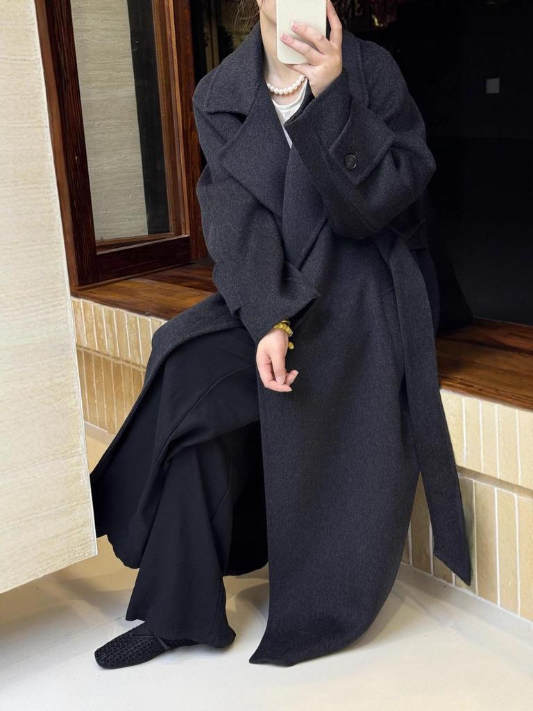 Women's Extra Long Double-Faced Wool Coat with Suit Collar - Elegant and Versatile Design