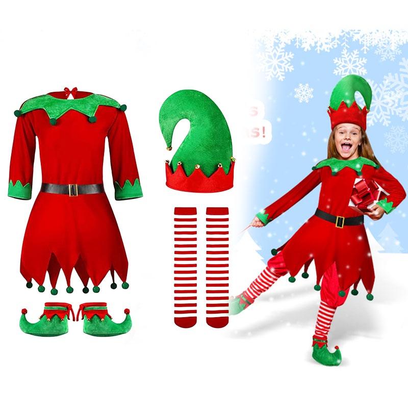 Christmas Costume For Kids Long Sleeve Red Spandex 7-piece Set
