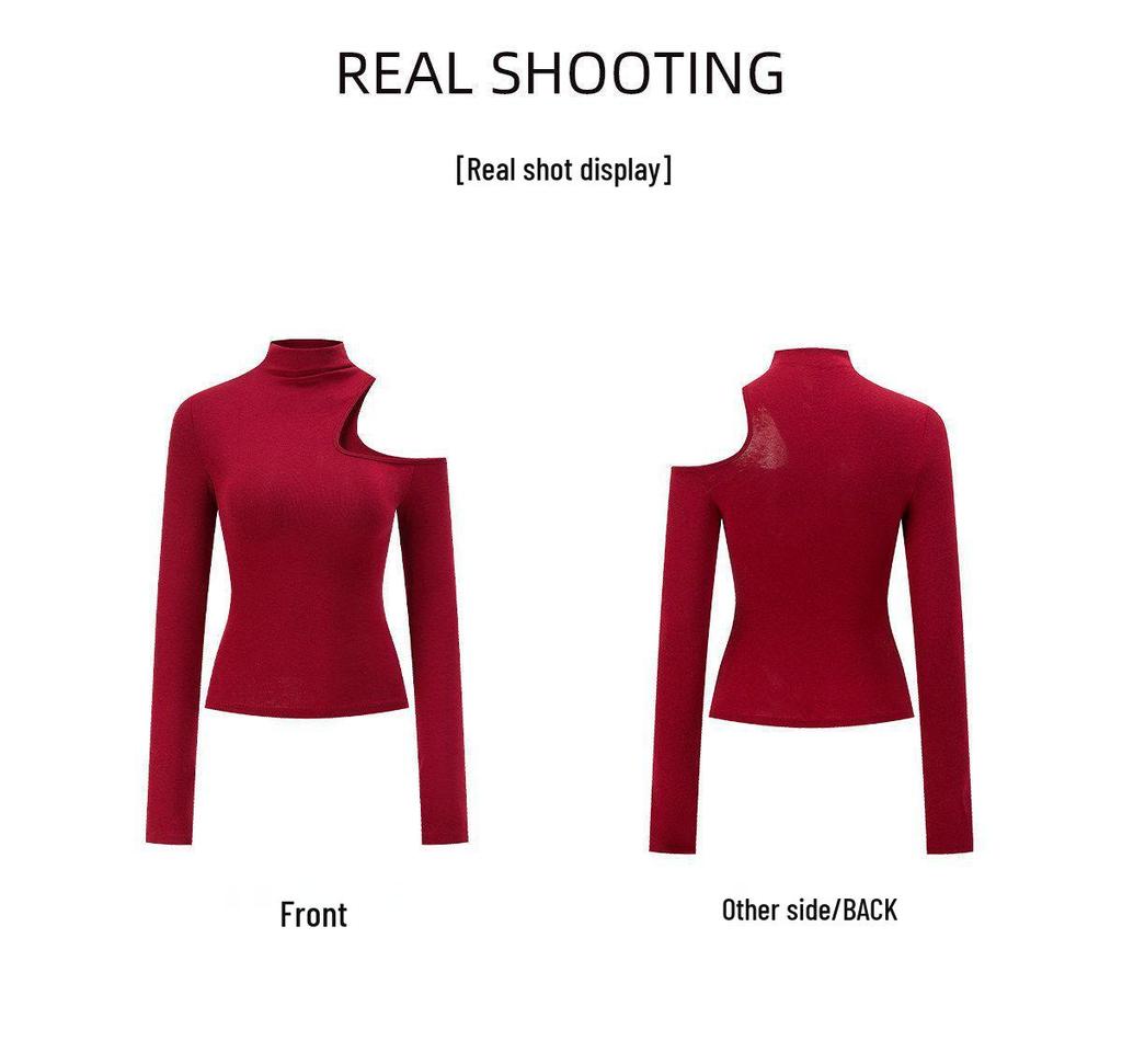 260g Cotton Modal American Spicy Girl High Neck Off-Shoulder Slimming Bodycon Waist-Cinched Chic Casual Top