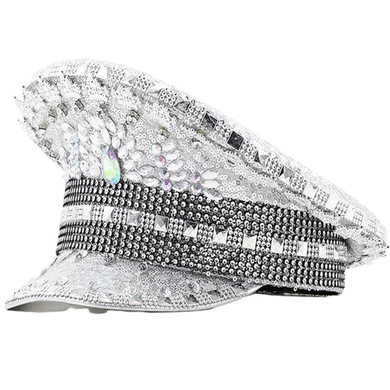 

Gold Rhinestone Captain Cap for Wedding Fashion Wide Brim Hat Carnival Party Hat Women Bride Fedora Hat Role Playing Hat 1