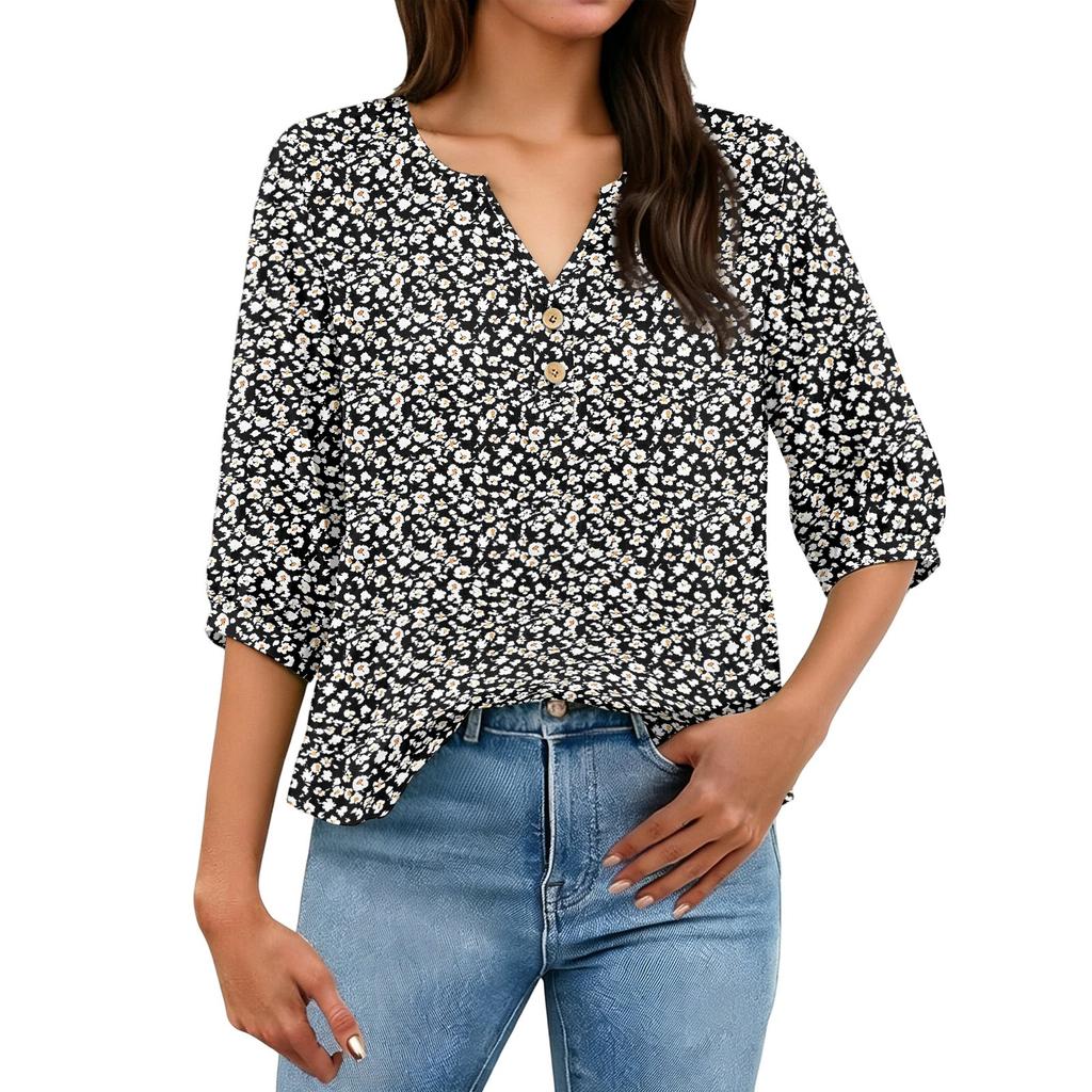 Women's Printed Shirt, Three-Quarter Sleeves, Cotton Linen , Casual Fashion Top for Everyday Wear