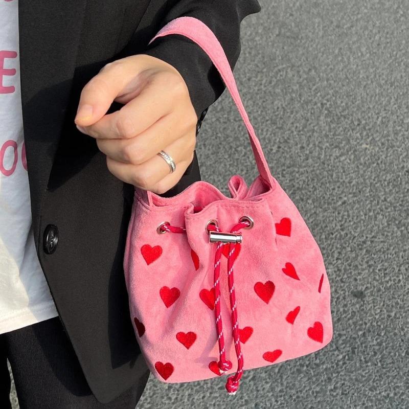 Pink Heart Bucket Handbags for Women Portable Cute Girls Small Shoulder Bag Versatile Commute Female Crossbody Bags Clutch Purse