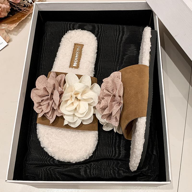 

Французские шлепанцы с плоской подошвой и цветком, женская обувь, осенне-зимний сезон, 2025 год, новые модные бархатные хлопковые шлепанцы 40 верблюд