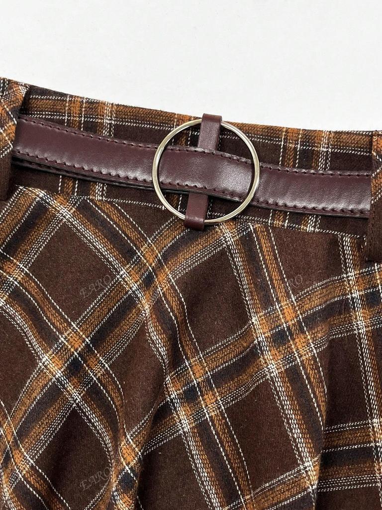 Women's Coffee Plaid A-line High-Waisted Retro Wrap Skirt