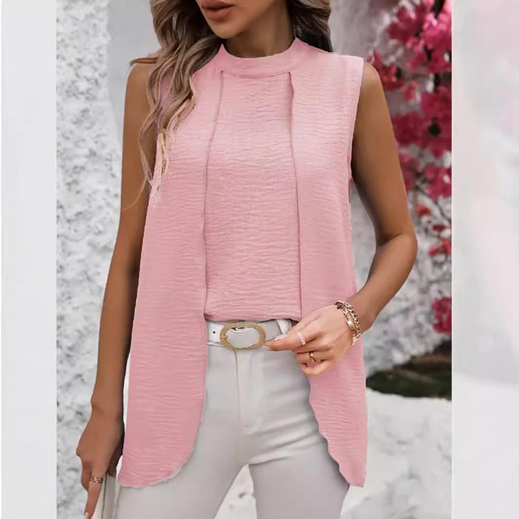 Summer Women's Two Fake Pieces Shirts O-neck Sleeveless Shirt Tops Elegant Solid Blouse Top Femme