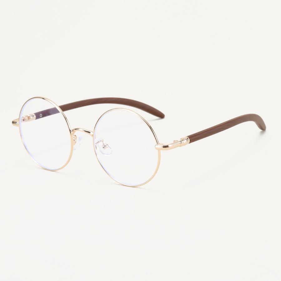 00102 Retro Japanese Metal Big Round Glasses Frame Men And Women Myopia Plain Light Wood Grain Legs Literary Frame